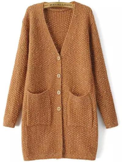 Romwe V Neck Pockets Button-down Khaki Coat