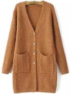 Romwe V Neck Pockets Button-down Khaki Coat