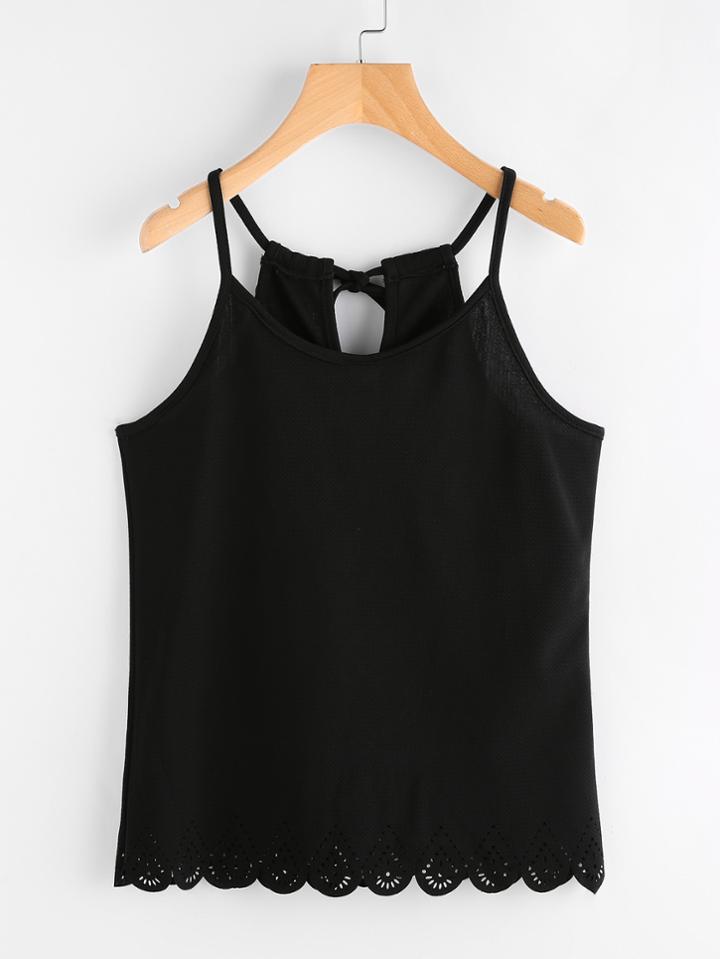 Romwe Laser Cut Scalloped Hem Self Tie Cami Top