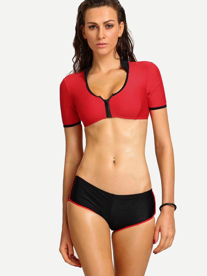 Romwe Contrast Zip Front Crop Rash Guard Swimwear