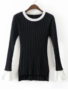 Romwe Black Ribbed Bell Sleeve High Low Sweater