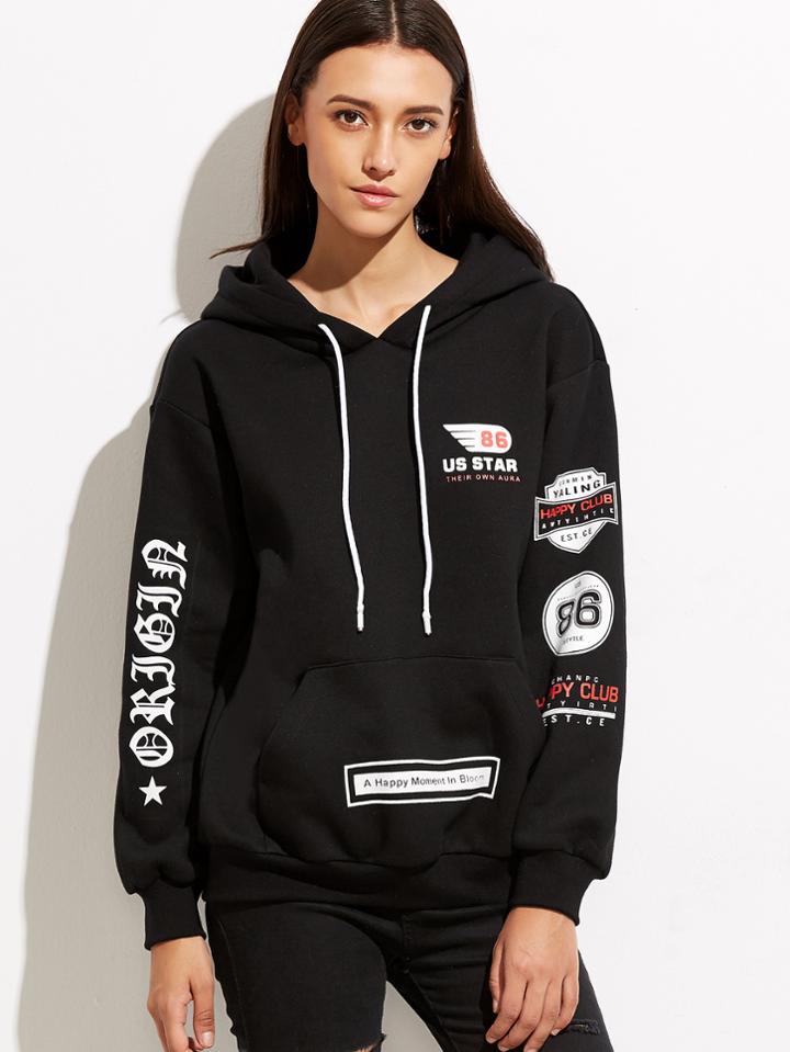 Romwe Black Drop Shoulder Printed Hoodie With Pocket