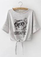 Romwe Grey Striped Cat Print Knotted Crop T-shirt