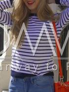 Romwe White Striped Elbow Patch T-shirt
