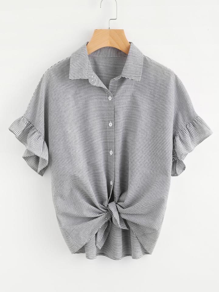 Romwe Ruffle Cuff Drop Shoulder Striped Blouse