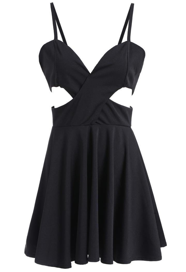 Romwe Spaghetti Strap Cut Out Black Pleated Dress