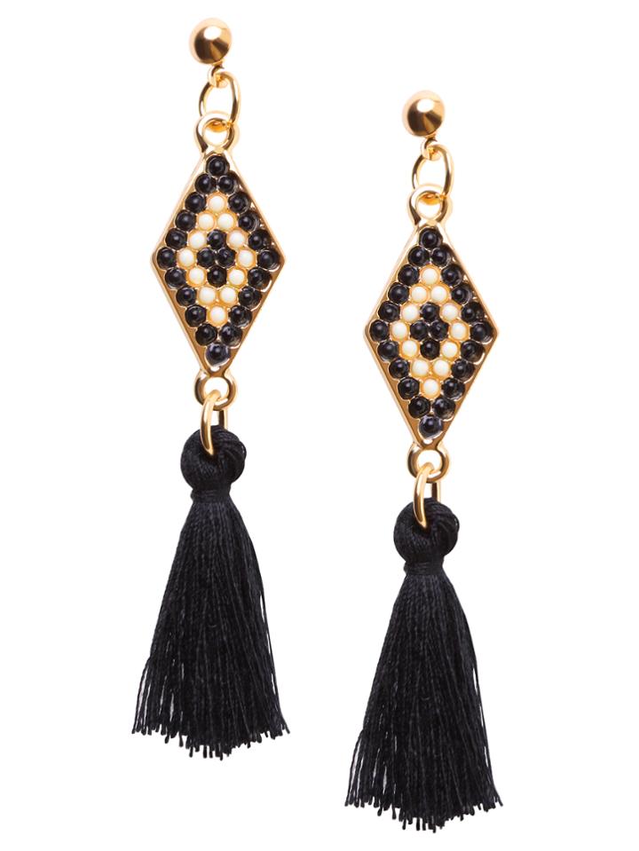 Romwe Black Tassel Geometric Beaded Drop Earrings