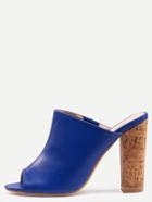 Romwe Blue Faux Leather Block Heel Mules
