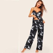 Romwe Crane Print Lace Trim Satin Cami Pj Set