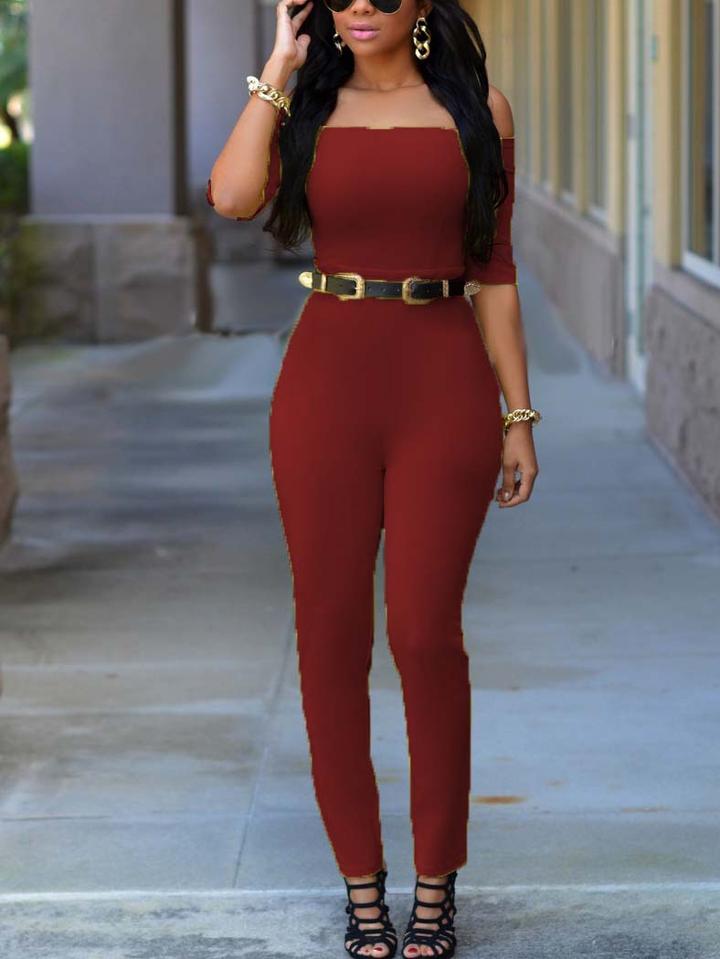 Romwe Belted Off-the-shoulder Skinny Jumpsuit - Burgundy