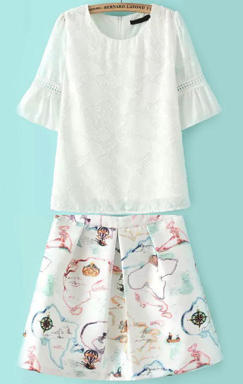 Romwe Butterfly Sleeve Hollow Top With Graffiti Print Flare Skirt