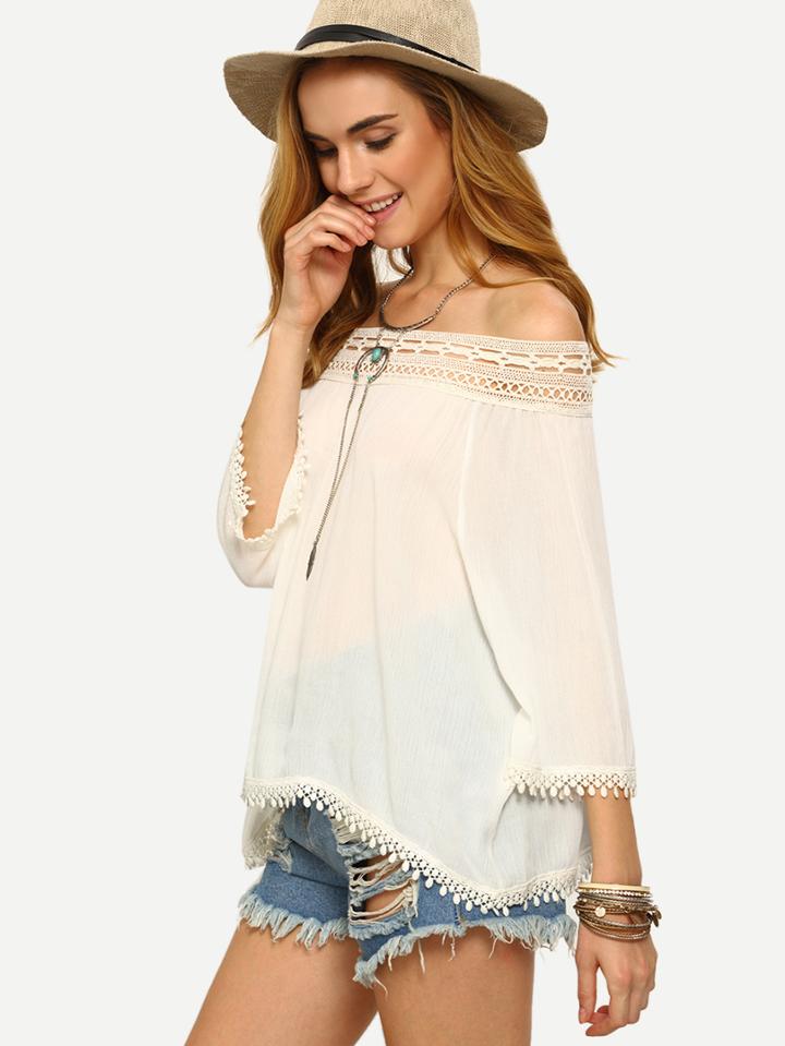Romwe Lace Trimmed Off-the-shoulder Blouse - White
