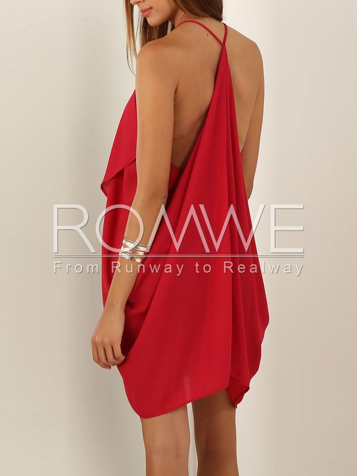 Romwe Red Spaghetti Strap Backless Asymmetric Dress