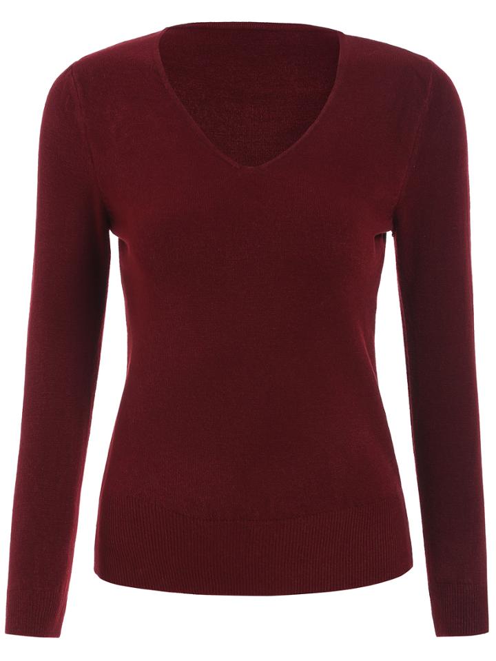 Romwe V Neck Slim Red Sweater