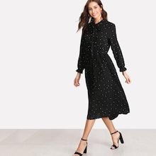 Romwe Tie Neck Polka Dot Pleated Dress