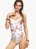 Romwe Flower Print Bow Embellished One-piece Swimwear