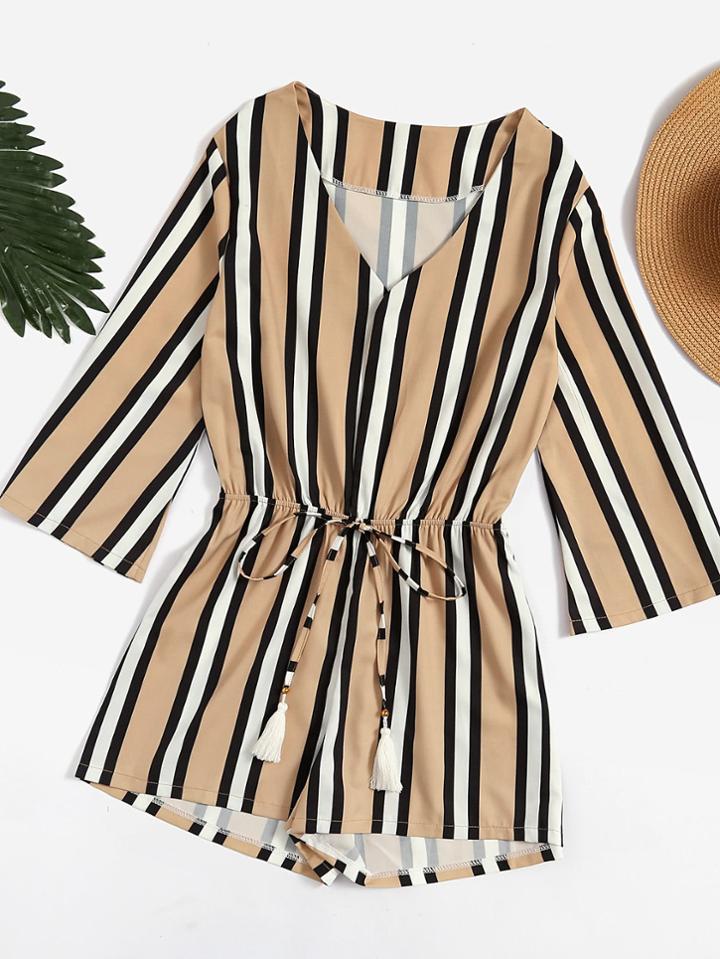 Romwe Vertical Striped Drawstring Waist Romper