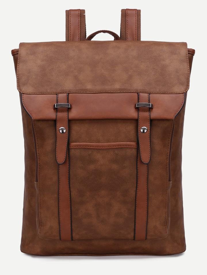 Romwe Brown Flap Buckle Pu Backpack