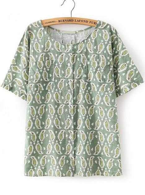 Romwe Round Neck Paisley Print Green Top