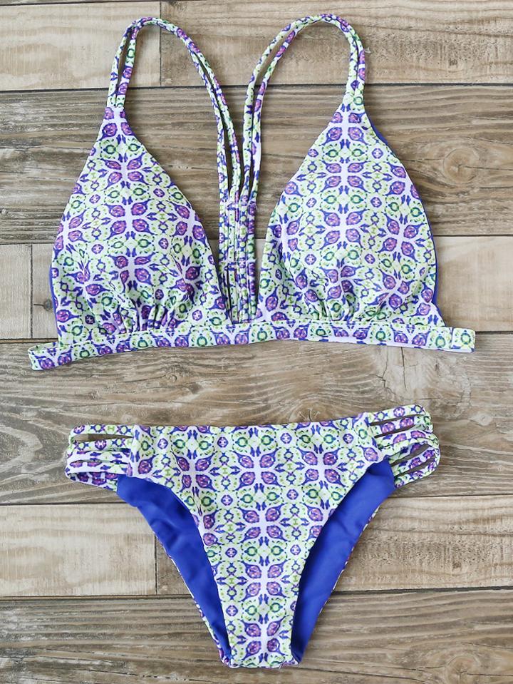 Romwe Printed Ladder Cutout Triangle Bikini Set