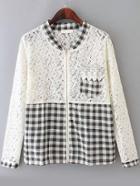 Romwe Plaid Hollow Lace Black Blouse