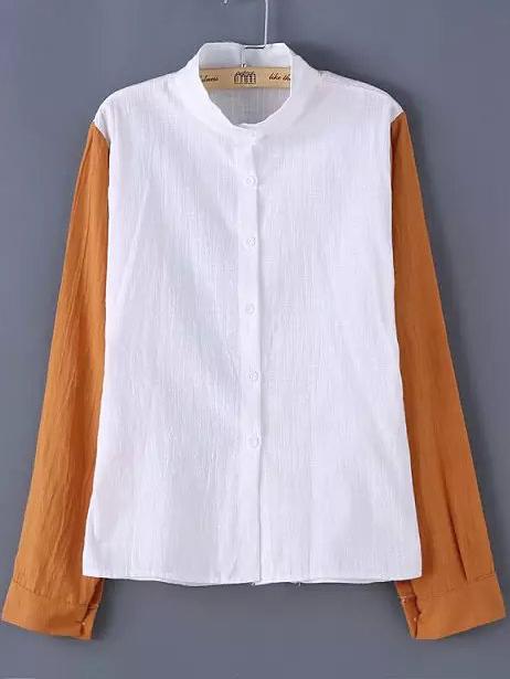 Romwe Contrast Sleeve Button-down Khaki Blouse