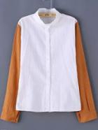 Romwe Contrast Sleeve Button-down Khaki Blouse