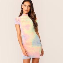 Romwe Mock Neck Lettuce Trim Tie Dye Bodycon Dress