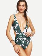 Romwe Plunge Neck Leaf Print Cutout One-piece Swimwear