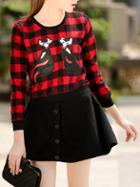 Romwe Long Sleeve Plaid Fox Patch Top With Single Breasted Skirt