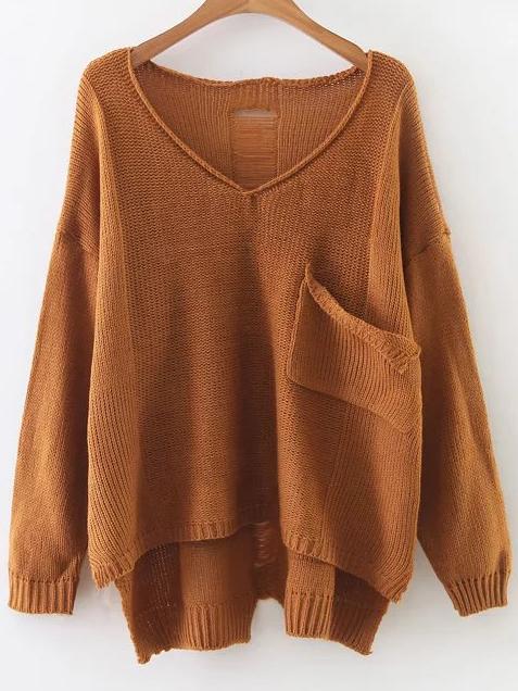 Romwe Khaki V Neck Ripped High Low Knitwear With Pocket