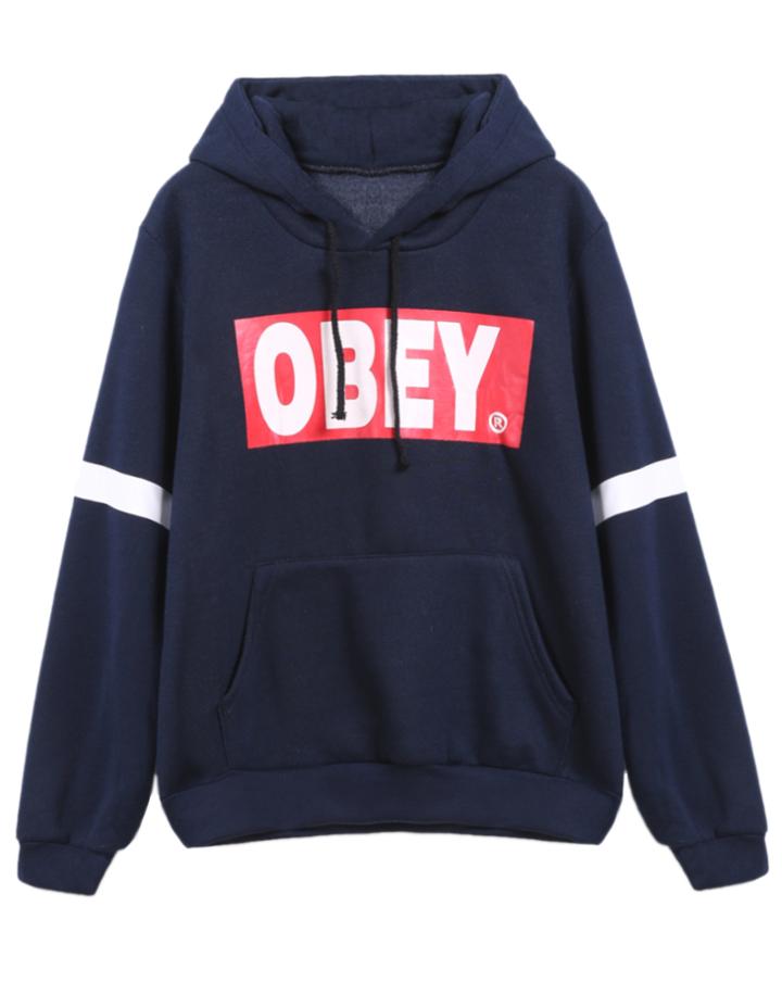 Romwe Navy Hooded Long Sleeve Letters Print Sweatshirt