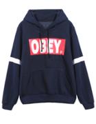 Romwe Navy Hooded Long Sleeve Letters Print Sweatshirt