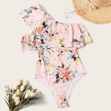 Romwe Flounce Layered One Shoulder Floral One Piece Swimsuit