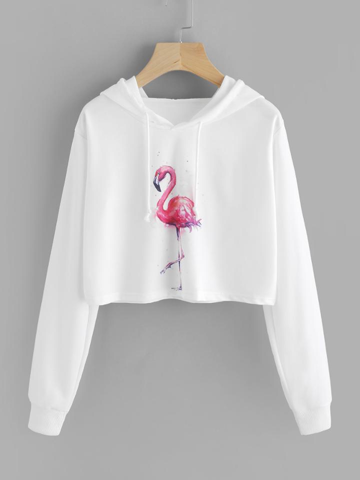 Romwe Flamingo Print Drawstring Crop Hoodie