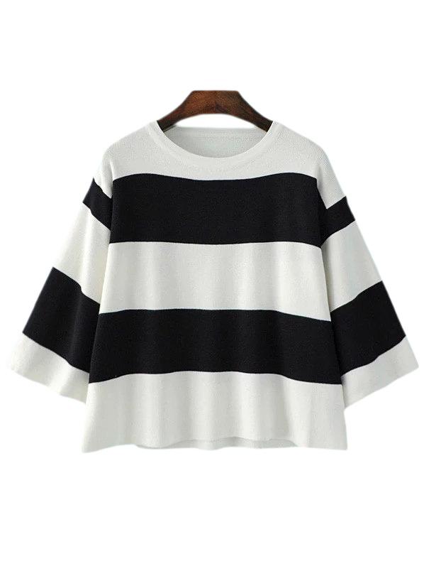 Romwe Black White Wide Stripe Half Sleeve Pullover Knitwear