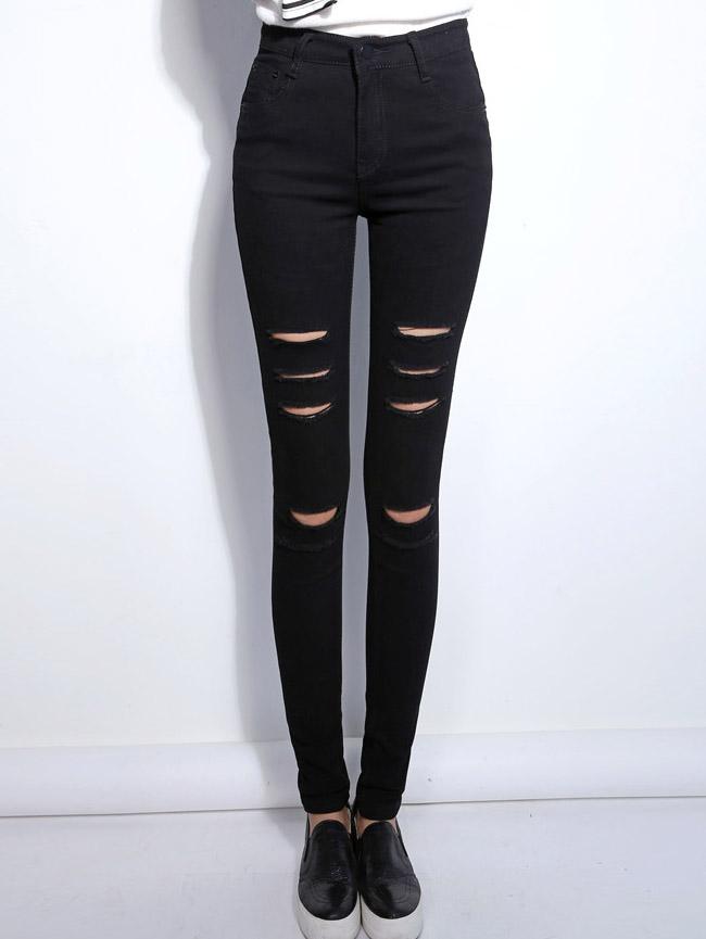 Romwe Black High Waist Ripped Denim Pant
