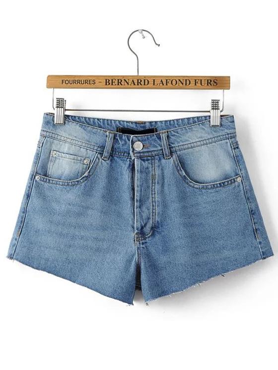 Romwe Blue Striped Pocket Denim Shorts