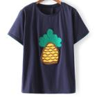 Romwe Navy Short Sleeve Pineapple Embroidery T-shirt