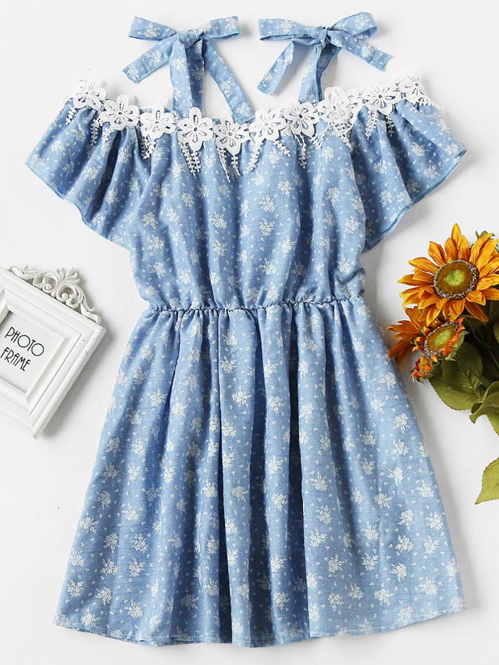 Romwe Open Shoulder Lace Trim Random Elastic Waist Dress