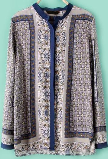 Romwe Blue Long Sleeve Vintage Floral Blouse