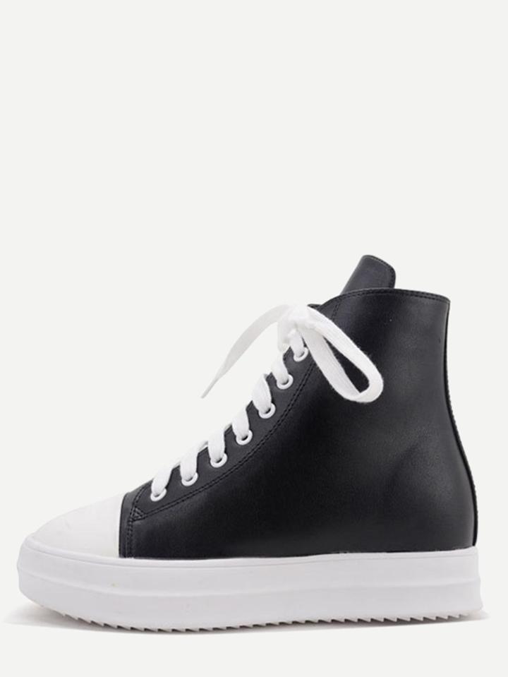 Romwe Black Faux Leather Lace Up Flatform Boots