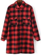 Romwe Red Plaid Longline Blouse With Pocket