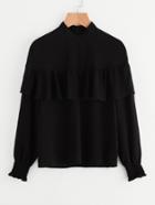 Romwe Mock Neck Flounce Trim Smocked Cuff Blouse
