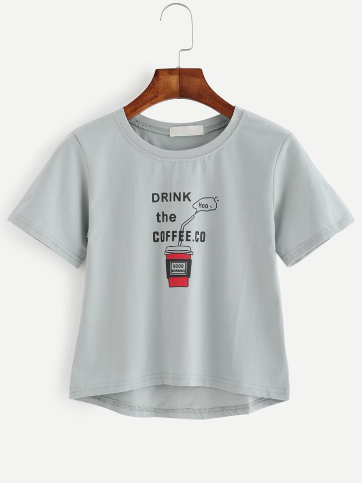 Romwe Sentence Print High Low T-shirt