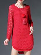 Romwe Red Round Neck Long Sleeve Lace Dress