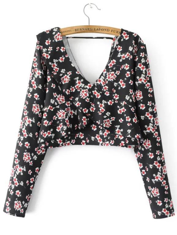 Romwe Black Floral Double V Neck Overlap Blouse