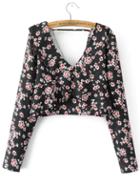 Romwe Black Floral Double V Neck Overlap Blouse