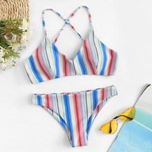 Romwe Striped Criss Cross Top With Cheeky Bikini