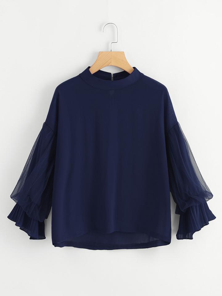 Romwe Mesh Panel Dip Hem Blouse